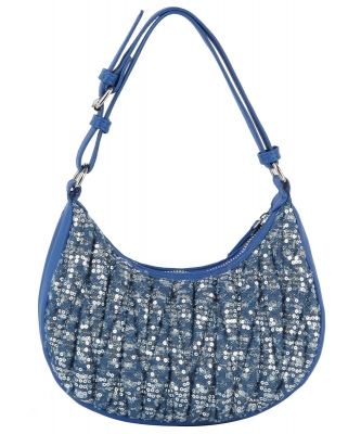 Sequined Denim Quilted Hobo Shoulder Bag DX-0196-M DENIM